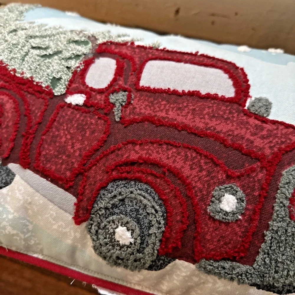 Decorative Pillow Red Truck in Snow‎ with Christmas Tree embroidered